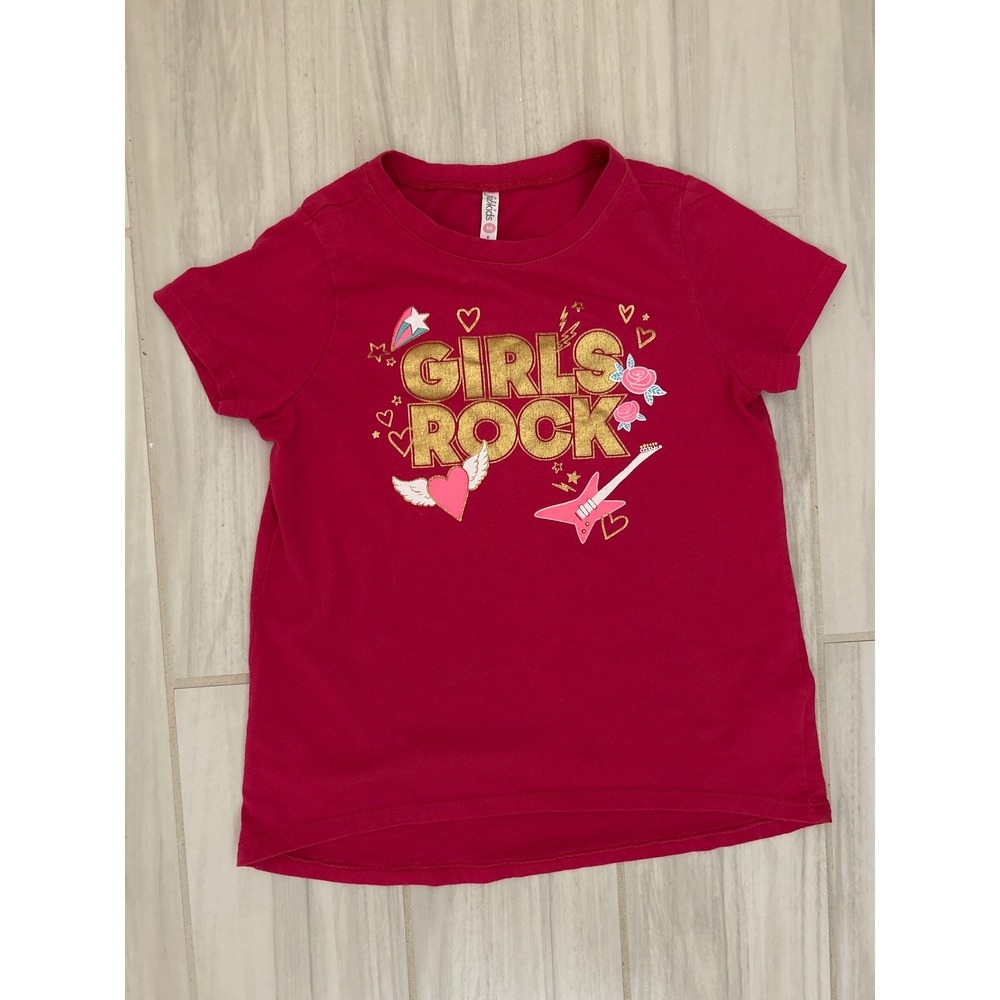 FabKids Girls Rock Graphic T-Shirt Pink Gold Glitter Guitar Size M 8